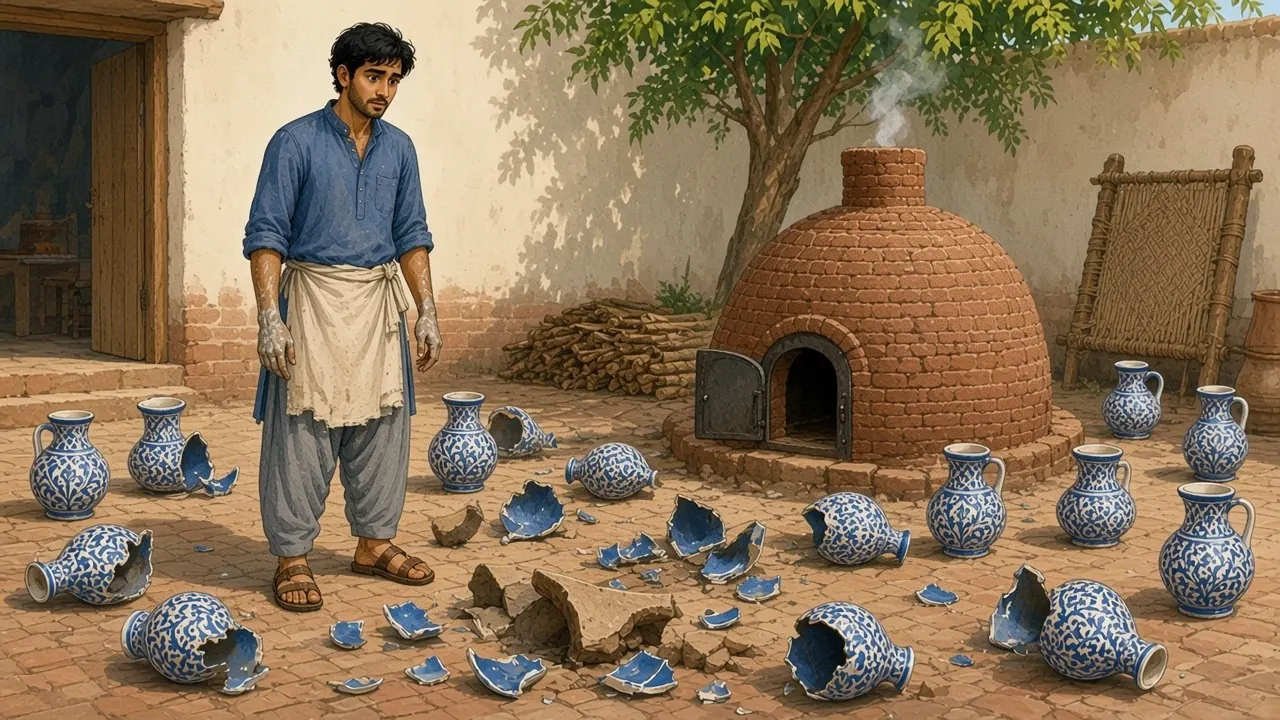 In the morning light, Hamid stands frozen in the courtyard among dozens of cracked and broken blue-and-white jugs, while thin smoke still rises from the kiln.