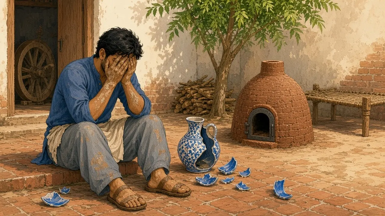 Hamid sits on a low brick step with his clay-streaked hands over his face; a broken jug and blue shards lie at his feet, and an old wooden wheel stands in the workshop doorway behind him.