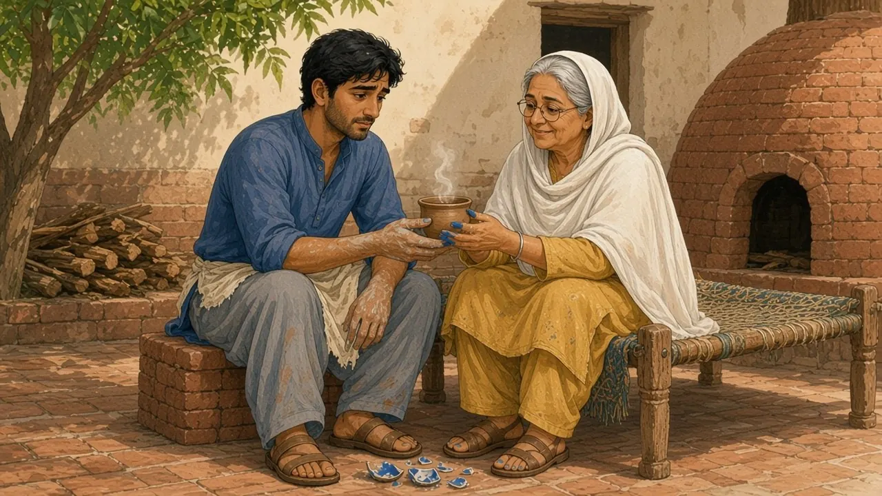 Under the neem tree, Hamid sits on a low brick ledge beside the string bed while Khala Bano, seated on the bed, places a small steaming cup of tea in his hands.