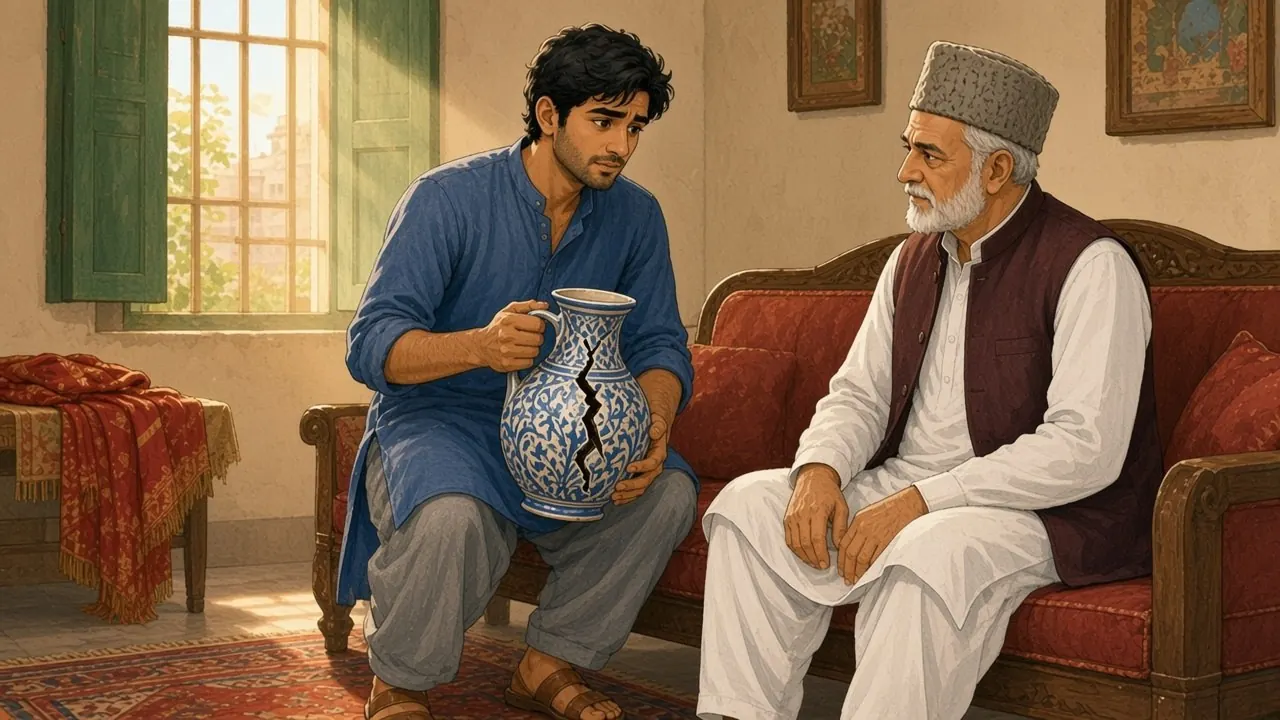 In a sitting room with a carved red sofa, Hamid perches on the sofa's edge holding a badly cracked blue jug and explains, leaning toward Iqbal Sahib, who listens with a grave face.