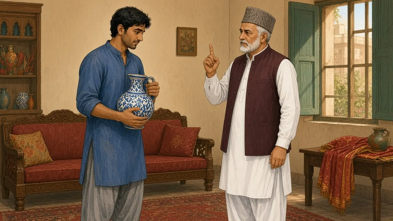 In the sitting room, Iqbal Sahib stands straight and stern, raising one finger, while Hamid holds a blue-and-white jug and listens with his eyes lowered.