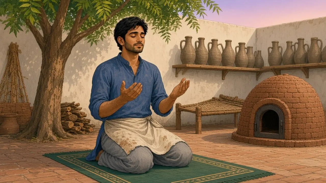 In the pink light of dawn, Hamid kneels on a green prayer mat under the neem tree with his eyes closed and his hands raised in prayer; rows of clay jugs dry on a shaded wall shelf behind him.