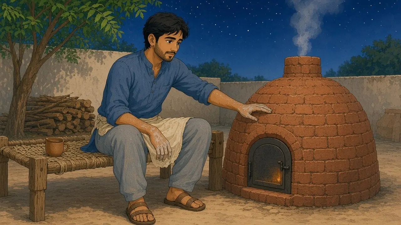On a starry night, Hamid sits on a string bed beside the closed kiln with one hand resting on its warm bricks, waiting, as a thin line of smoke rises from the chimney.