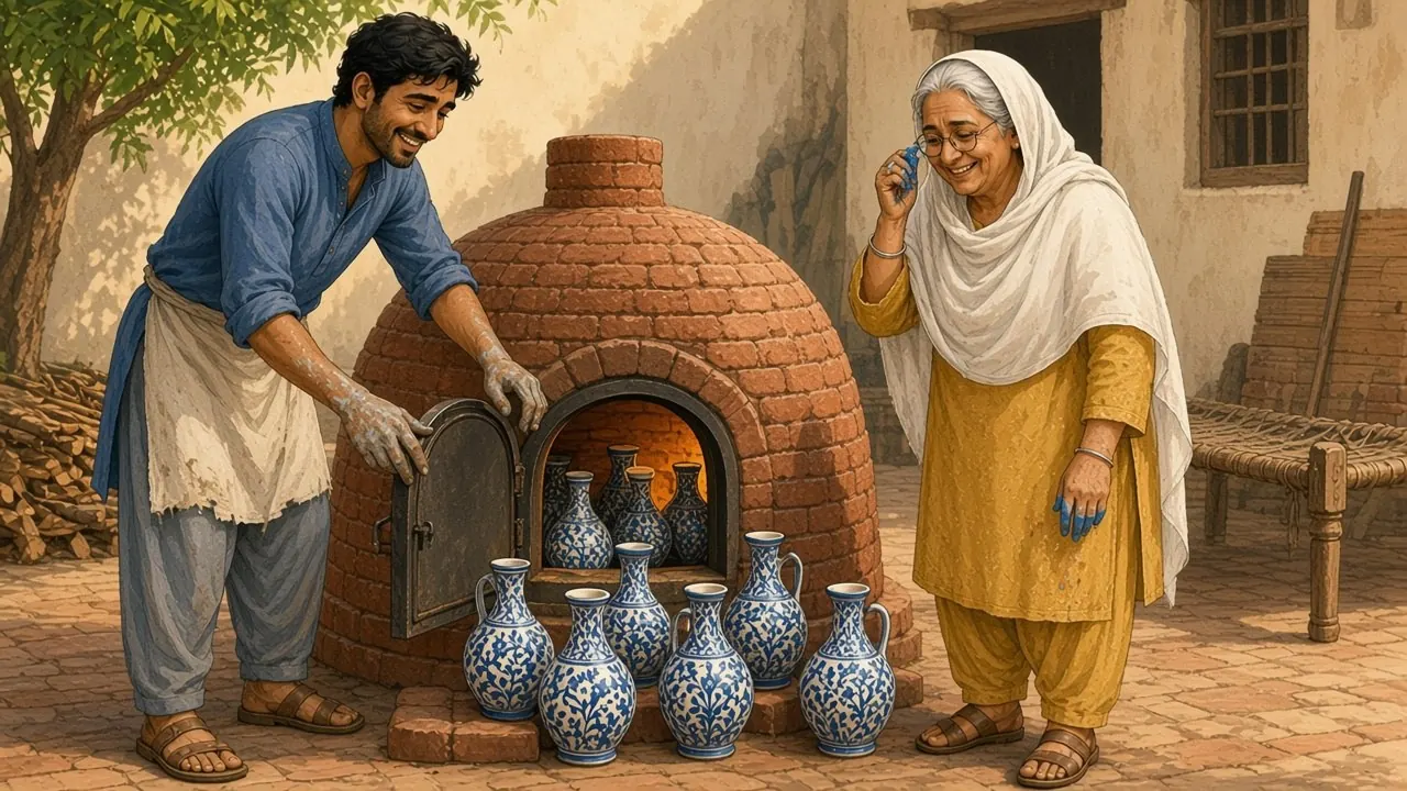 In the early morning, Hamid opens the kiln door with a wide smile, and a row of whole, gleaming blue-and-white jugs stands in front of it while Khala Bano wipes a tear from her eye.