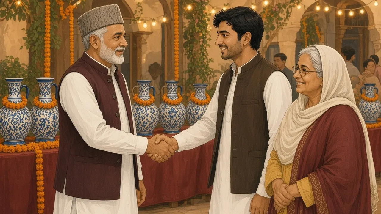 At an evening wedding under fairy lights, blue-and-white jugs garlanded with marigolds stand on a red table while Iqbal Sahib warmly shakes Hamid's hand and Khala Bano smiles beside them.