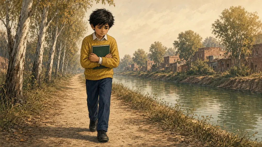 Hamza walks home alone along a canal path in golden afternoon light, hugging his green sketchbook, looking hurt.
