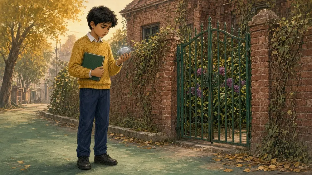At a green iron gate, Hamza looks puzzled at a small smooth grey stone, no bigger than a walnut, shimmering faintly in his palm; his sketchbook is under his arm.