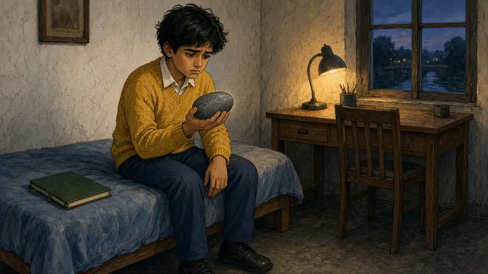 In his lamplit bedroom Hamza sits on his bed holding the grey stone, now as big as his fist, with a troubled look; the green sketchbook lies shut beside him.