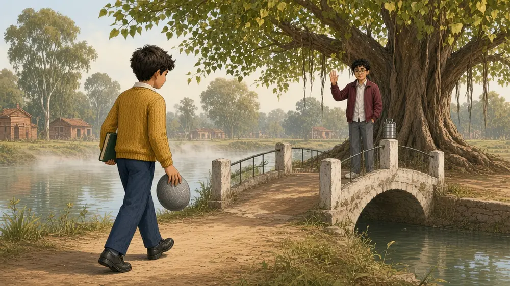 Omar waves from a stone canal footbridge, his steel tiffin on the post beside him and a big peepal tree behind; in front, Hamza turns away, the heavy stone in his hand and his sketchbook under his arm.