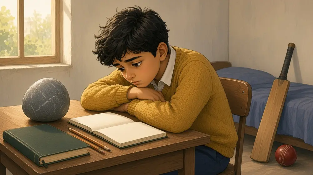 Hamza slumps at his desk beside the grapefruit-sized stone, a blank sketchbook and untouched pencils; a cricket bat leans unused in the corner.