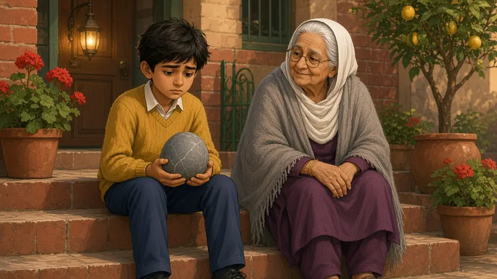 On the courtyard steps beside red geraniums, Hamza holds a melon-sized stone in both hands as Nani sits down beside him.