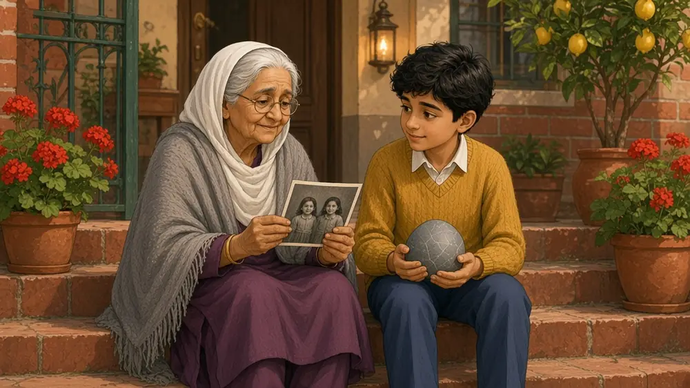 Under the lantern's glow, Nani touches an old photograph of two young girls while Hamza listens, the stone in his lap.