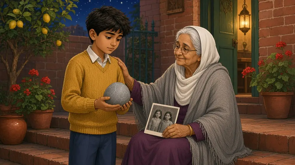 Beneath the first stars, Nani rests a hand on Hamza's shoulder, the old photograph in her other hand, as he looks down at the heavy stone.