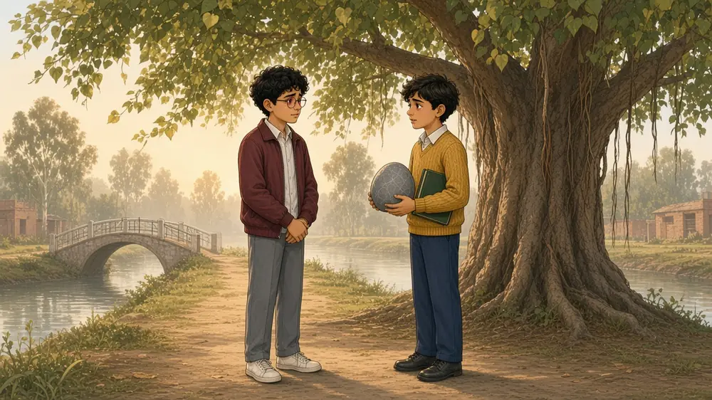 In the misty morning under the peepal tree, Omar stands with his hands clasped, apologising, while Hamza, the big stone in one hand and his sketchbook under his arm, listens.