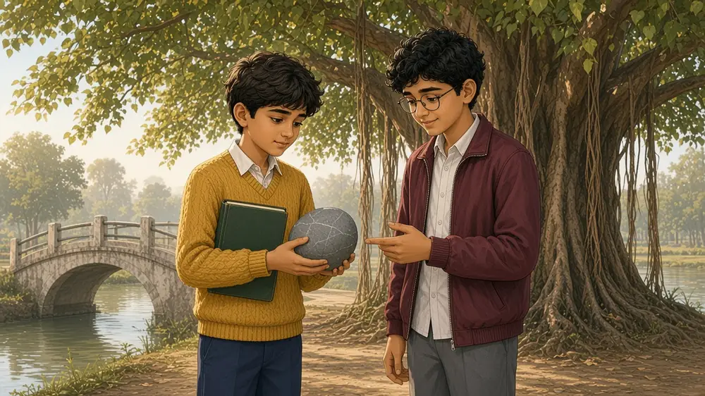 Omar points toward Hamza's sketchbook; Hamza looks down at the heavy stone in his hand, thinking.