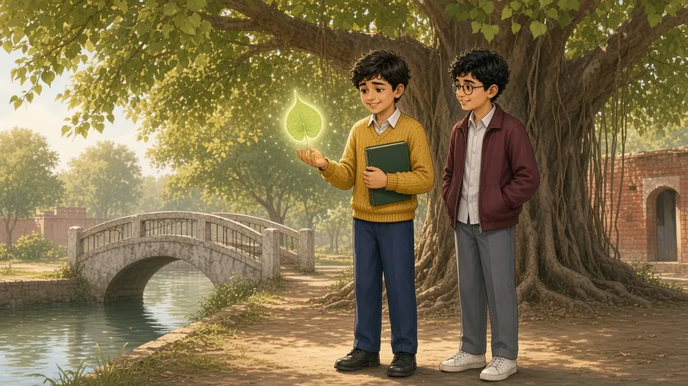 In Hamza's open palm the stone has turned into a glowing pale-green peepal leaf; Hamza smiles, and Omar stands beside him smiling, hands in his pockets.