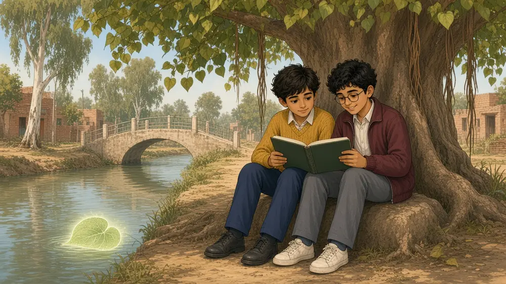 Hamza and Omar sit on a peepal root reading an open sketchbook while the glowing green leaf floats on the canal.