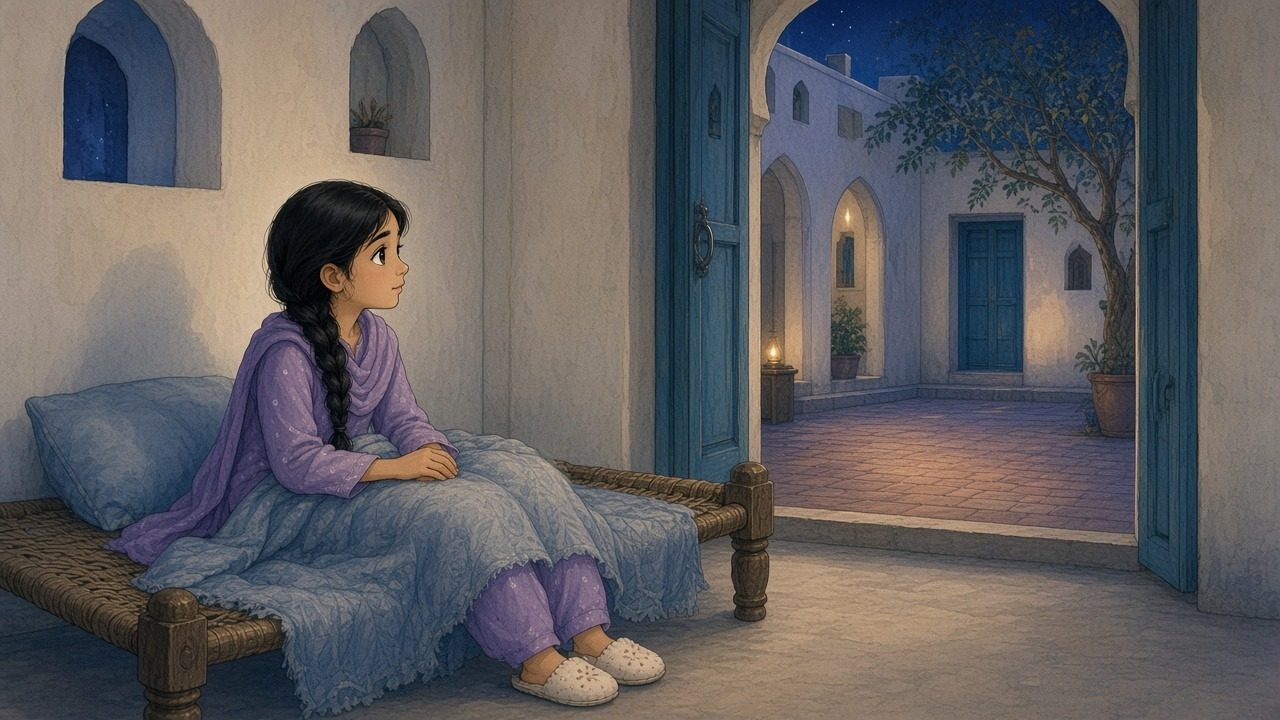 At night in an old haveli bedroom, Zoya sits up in bed listening as a soft knock comes from the dark corridor.