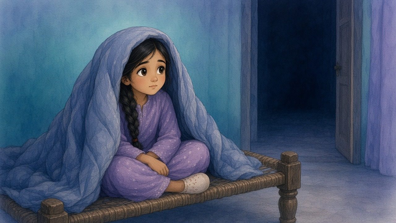 Zoya peeps from under a quilt on a charpai, only her eyes showing, looking toward the dark corridor doorway.