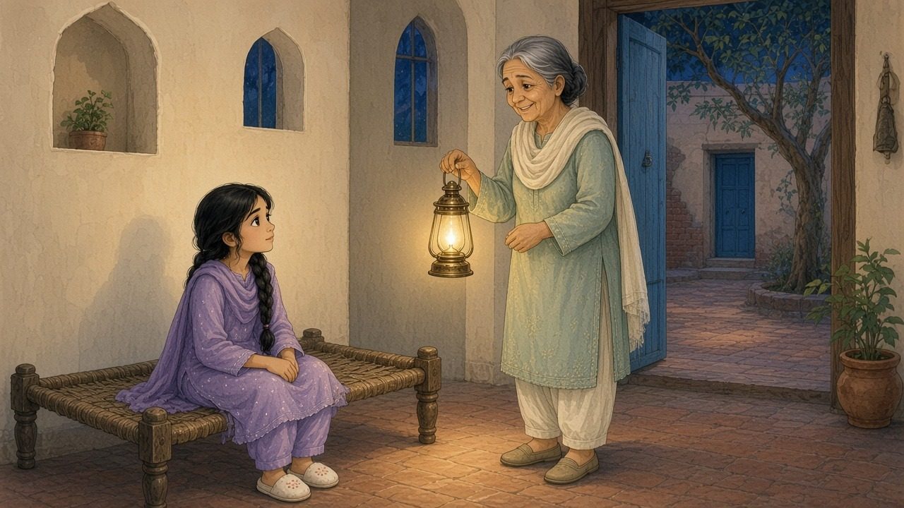 Nano offers Zoya a small brass lantern; warm light pools on the floor as Zoya looks up from the bed.