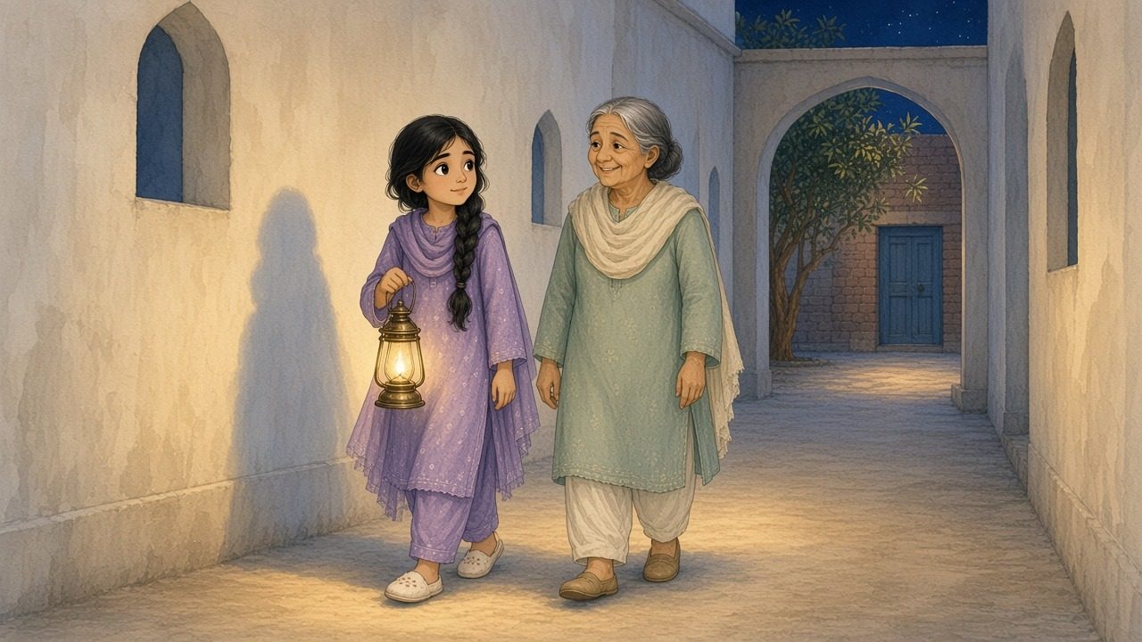 Zoya and Nano walk the cream corridor at night; she holds Nano's sleeve and the glowing brass lantern.