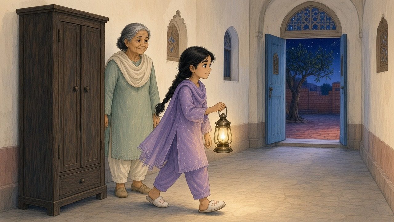 Near a tall wooden cupboard by the courtyard door, Zoya freezes with the lantern while Nano stands behind her.