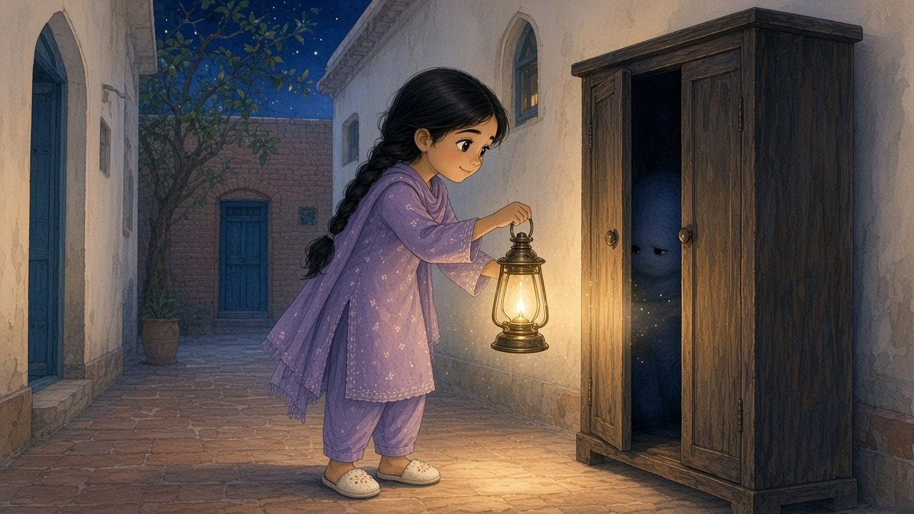 Zoya lifts the lantern toward a dark gap under the cupboard; dust motes float and something soft stirs in shadow.