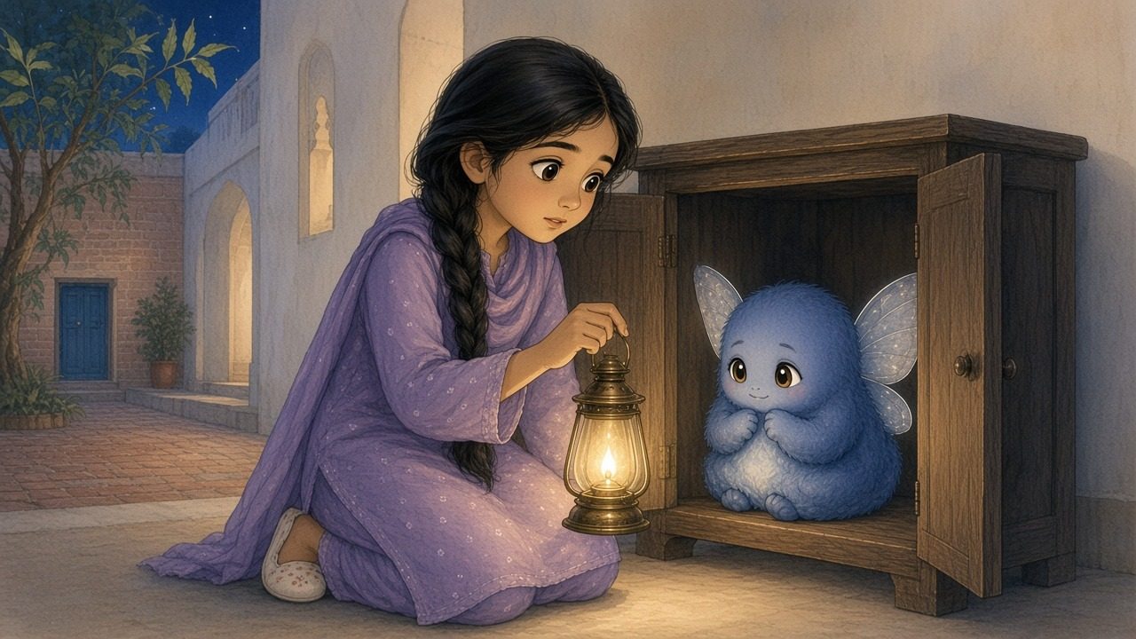A tiny indigo night-spirit with amber eyes and silver moth wings sits in the cupboard gap as Zoya kneels with the lantern.