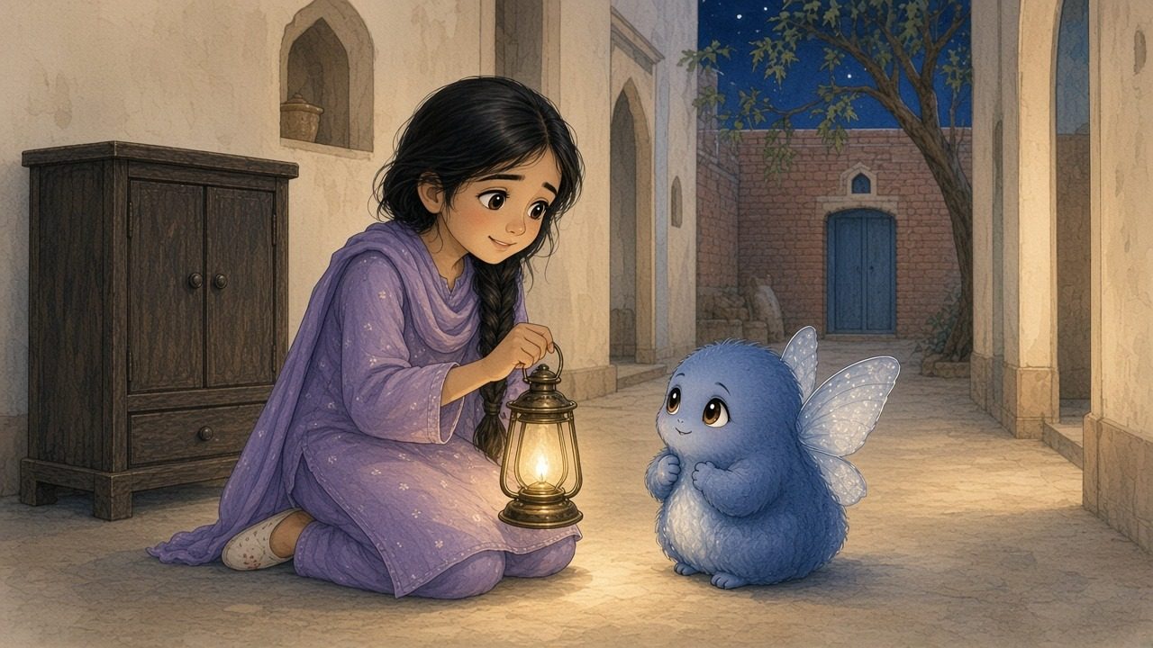 Zoya kneels with a relieved smile holding the lantern while the shy night-spirit looks up hopefully.