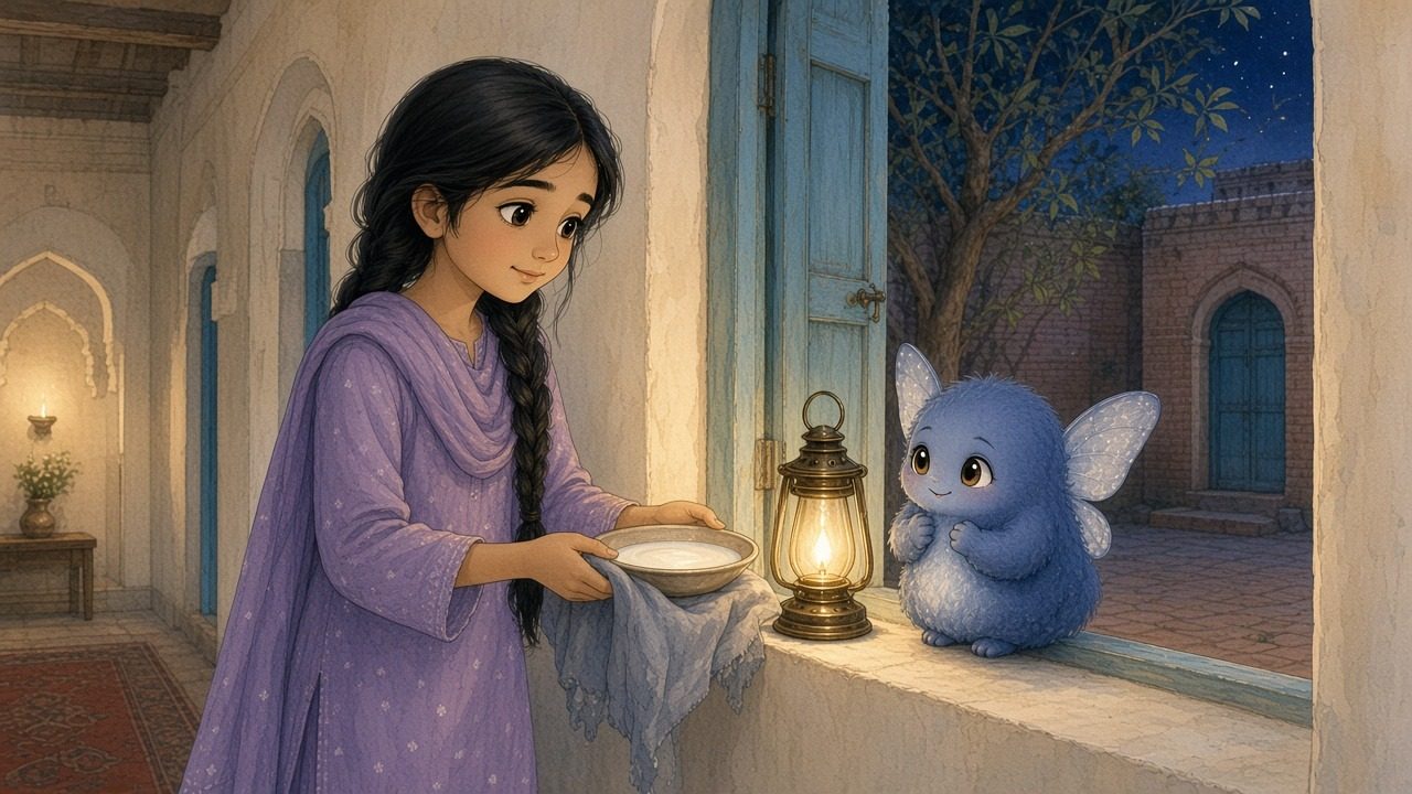 By a window Zoya sets down a saucer of milk and a soft cloth nest; Raat creeps closer with trembling wings.