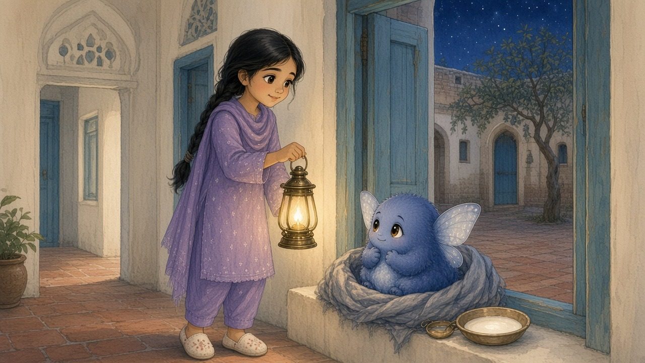 Raat sits happily in the cloth nest by the milk, tapping the sill gently while Zoya watches with the lantern.