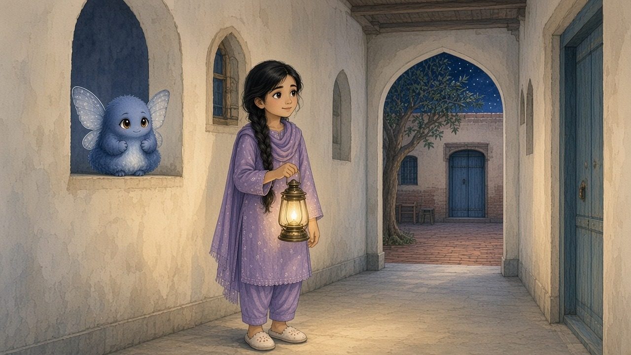 Later Zoya stands in the corridor with the lantern speaking softly into the dark; Raat glows good night by the window.